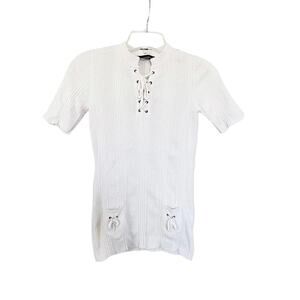 Roberto Collina Ecru Ribbed Lace Up Short Sleeve Knit Top Sweater - S